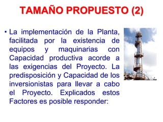 TAMAÑO PROPUESTO (2)
• La implementación de la Planta,
facilitada por la existencia de
equipos y maquinarias con
Capacidad productiva acorde a
las exigencias del Proyecto. La
predisposición y Capacidad de los
inversionistas para llevar a cabo
el Proyecto. Explicados estos
Factores es posible responder:
 
