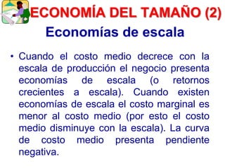 Economías de escala
• Cuando el costo medio decrece con la
escala de producción el negocio presenta
economías de escala (o retornos
crecientes a escala). Cuando existen
economías de escala el costo marginal es
menor al costo medio (por esto el costo
medio disminuye con la escala). La curva
de costo medio presenta pendiente
negativa.
ECONOMÍA DEL TAMAÑO (2)
 