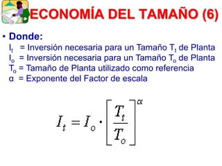 • Donde:
It = Inversión necesaria para un Tamaño Tt de Planta
Io = Inversión necesaria para un Tamaño To de Planta
To = Tamaño de Planta utilizado como referencia
α = Exponente del Factor de escala
ECONOMÍA DEL TAMAÑO (6)
 
