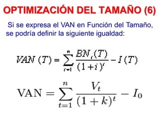 Si se expresa el VAN en Función del Tamaño,
se podría definir la siguiente igualdad:
OPTIMIZACIÓN DEL TAMAÑO (6)
 