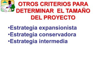 OTROS CRITERIOS PARA
DETERMINAR EL TAMAÑO
DEL PROYECTO
•Estrategia expansionista
•Estrategia conservadora
•Estrategia intermedia
 