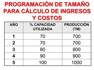 AÑO % CAPACIDAD
UTILIZADA
PRODUCCIÓN
(TM)
1 70 700
2 70 700
3 80 800
4 90 900
5 100 1000
PROGRAMACIÓN DE TAMAÑO
PARA CÁLCULO DE INGRESOS
Y COSTOS
 