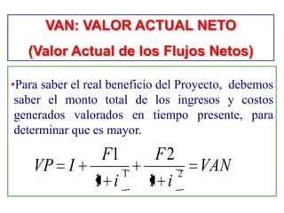 •Para saber el real beneficio del Proyecto, debemos
saber el monto total de los ingresos y costos
generados valorados en tiempo presente, para
determinar que es mayor.
VAN
i
F
i
F
IVP 21
1
2
1
1
VAN: VALOR ACTUAL NETO
(Valor Actual de los Flujos Netos)
 