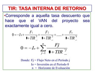 •Corresponde a aquella tasa descuento que
hace que el VAN del proyecto sea
exactamente igual a cero.
n
j
j
o
TIR
Fj
I
1 1
0
Donde: Fj = Flujo Neto en el Período j
Io = Inversión en el Período 0
n = Horizonte de Evaluación
n
n
TIR
F
TIR
F
TIR
F
I
1
......
11
0 2
2
1
1
0
TIR: TASA INTERNA DE RETORNO
 