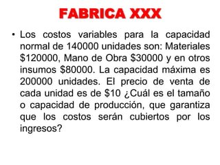 FABRICA XXX
• Los costos variables para la capacidad
normal de 140000 unidades son: Materiales
$120000, Mano de Obra $30000 y en otros
insumos $80000. La capacidad máxima es
200000 unidades. El precio de venta de
cada unidad es de $10 ¿Cuál es el tamaño
o capacidad de producción, que garantiza
que los costos serán cubiertos por los
ingresos?
 
