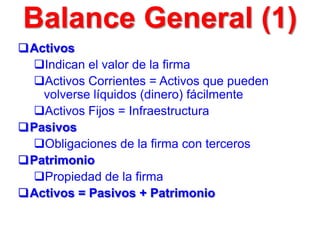 Activos
Indican el valor de la firma
Activos Corrientes = Activos que pueden
volverse líquidos (dinero) fácilmente
Activos Fijos = Infraestructura
Pasivos
Obligaciones de la firma con terceros
Patrimonio
Propiedad de la firma
Activos = Pasivos + Patrimonio
Balance General (1)
 
