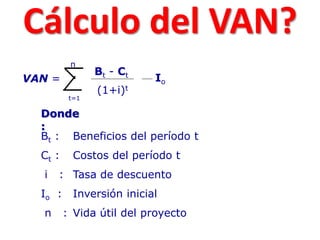VAN =
Bt - Ct
(1+i)t
t=1
n
Io
Donde
:
Bt : Beneficios del período t
Ct : Costos del período t
i : Tasa de descuento
Io : Inversión inicial
n : Vida útil del proyecto
Cálculo del VAN?
 