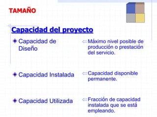 TAMAÑO
Capacidad de
Diseño
Capacidad Instalada
Capacidad Utilizada
Máximo nivel posible de
producción o prestación
del servicio.
Capacidad disponible
permanente.
Fracción de capacidad
instalada que se está
empleando.
Capacidad del proyecto
 