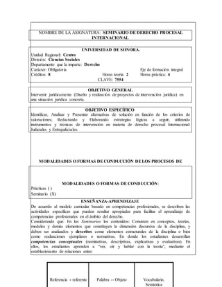 OBJETIVO GENERAL
Intervenir jurídicamente (Diseño y realización de proyectos de intervención jurídica) en
una situación jurídica concreta.
OBJETIVO ESPECÍFICO
Identificar, Analizar y Presentar alternativas de solución en función de los criterios de
valoraciones; Redactando y Elaborando estrategias lógicas a seguir, utilizando
instrumentos y técnicas de intervención en materia de derecho procesal Internacional:
Judiciales y Extrajudiciales.
MODALIDADES O FORMAS DE CONDUCCIÓN:
Prácticas ( )
Seminario (X)
UNIVERSIDAD DE SONORA.
Unidad Regional: Centro
División: Ciencias Sociales
Departamento que la imparte: Derecho
Carácter: Obligatoria Eje de formación integral
Créditos: 8 Horas teoría: 2 Horas práctica: 4
CLAVE: 7554
MODALIDADES O FORMAS DECONDUCCIÓN DELOS PROCESOS DE
ENSEÑANZA-APRENDIZAJE
De acuerdo al modelo curricular basado en competencias profesionales, se describen las
actividades específicas que pueden resultar apropiadas para facilitar el aprendizaje de
competencias profesionales en el ámbito del derecho.
Considerando que: En los Seminarios los contenidos: Consisten en conceptos, teorías,
modelos y demás elementos que constituyen la dimensión discursiva de la disciplina, y
deben ser analizados y descritos como elementos estructurales de la disciplina o bien
como realizaciones ejemplares o normativas. En donde los estudiantes desarrollan
competencias conceptuales (nominativas, descriptivas, explicativas y evaluativas). En
ellos, los estudiantes aprenden a “ver, oír y hablar con la teoría”, mediante el
establecimiento de relaciones entre:
Referencia - referente Palabra -- Objeto Vocabulario,
Semántica
NOMBRE DE LA ASIGNATURA: SEMINARIO DE DERECHO PROCESAL
INTERNACIONAL
 