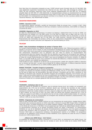 Pour faire face à la demande croissante en eau, LYDEC prévoit aussi d’investir plus de 2.5 Md MAD. Elle
                  veut également augmenter l’autonomie des réserves en eau. Pour cela, elle envisage la création d’ici
                  2025, de huit nouveaux réservoirs d’eau d’une capacité supplémentaire de 100 000 m3. La capacité
                  actuelle étant de 620 000 m3. Côté électricité, le concessionnaire prévoit un investissement de 2.7 Md
                  MAD soit 22% du programme d’investissement entre 2007 et 2027 dont 370 MMAD prévus pour la période
                  de 2014-2023. Un investissement qui devrait contribuer à la création de trois nouveaux postes sources à
                  Yacoub El Mansour, Hay Mohammadi et Sbata.

                  SOCIETES FINANCIERES

                  ACRED : Ouverture à Safi
                  La quatorzième agence d’ACRED, société de financement filiale du groupe Axa, a ouvert à Safi. Cette
                  nouvelle représentation, la première en 2010 qui comptera 3 autres ouvertures, vient étoffer un réseau de
                  35 points de vente.

                  LEASING: Stagnation en 2010
                  En dépit du ralentissement économique, le secteur du leasing a relativement tenu le coup en 2009. Les
                  financements ont totalisé 14.1 Md MAD contre 14.3 Md MAD en 2008, soit un léger recul de 1.4%. Ce
                  résultat est obtenu grâce à la bonne performance de leasing immobilier dont la production a bondi de
                  13.2% en 2009 pour atteindre les 2.9 Md MAD. Sur cette branche, l’activité est dominée par les
                  financements des immeubles de bureaux (37%) et les constructions industrielles (20%). Toutefois, les
                  professionnels du secteur prévoient une stagnation de l’activité leasing en 2010.

                  TELECOM

                  ANRT : Note d'orientations stratégiques du secteur à l'horizon 2013
                  Le Conseil d'Administration de l'Agence Nationale de Réglementation des Télécommunications (ANRT) a
                  adopté, le 20 janvier 2010 à Rabat, la note d'orientations stratégiques du secteur des télécoms à l'horizon
                  2013. Cette note vise la poursuite du développement du secteur à moyen terme à travers la mise en place
                  des mécanismes nécessaires pour la réduction des prix dans le secteur et l'augmentation des
                  investissements dans les réseaux haut débit afin de répondre aux besoins de convergence des réseaux et
                  des services et l'élargissement de l'utilisation de l'Internet haut débit, précise le communiqué rendu public
                  à l'issue du conseil d'administration de l'ANRT, tenu sous la présidence du Premier ministre, M. Abbas El
                  Fassi. La nouvelle feuille de route vise à maintenir le marché des télécoms, à réduire la facture numérique,
                  et aussi à donner une visibilité aux opérateurs.
                  Cette feuille de route, adoptée le 22 février par le gouvernement, établit des objectifs chiffrés à atteindre
                  sur un horizon de trois ans : un parc fixe et mobile de 34 millions d’abonnés, 2 millions d’abonnés internet
                  contre 1.1 million actuellement et un chiffre d’affaire global de 40 Md MAD.

                  MAROC TELECOM : Transfert d’argent en perspective
                  L’opérateur a été approché par le ministre français de l’immigration, Eric Besson, dans l’optique de mettre
                  en place une solution de transfert d’argent par téléphonie mobile, d’ici le 1er juin 2011. L’initiative découle
                  du fait que le faible taux de bancarisation des pays africains, n’excédant pas les 30%, constitue un réel
                  obstacle à l’évolution des volumes de transfert d’argent des travailleurs migrants, de la France vers ces
                  pays. L’idée est de profiter plutôt du fort taux de pénétration de la téléphonie mobile, qui avoisine les 80%
                  dans certains pays, pour faciliter l’accès aux transferts d’argent. Ces flux sont estimés à hauteur de 8 Md
                  d’euros en France sur un montant global de 300 Md d’euros dans le monde.

                  TOURISME

                  TOURISME : Indicateurs dans le vert
                  Selon les chiffres du Ministère du Tourisme, pour la période Janvier-Avril, les nuitées ont enregistré une
                  augmentation de +7% sur le territoire national. Quant aux nombres de touristes et des recettes
                  touristiques, les deux se sont accrus respectivement de 11%. Les villes de Marrakech et Casablanca
                  (presque la moitié des nuitées totales) ont connu depuis le début de cette année une croissance continue
                  à deux chiffres. Au cours de ce mois, ces deux villes ont affiché des hausses respectives de +12% et
                  +22% par rapport à avril 2009, et ont généré ainsi les 2/3 des nuitées additionnelles totales. En revanche,
                  les villes d'Agadir, de Fès et d’Ouarzazate ont enregistré des tendances baissières (respectivement -7%,
                  -16% et -10% en ce mois d'avril 2010).

                  RISMA : Programme de constructions
                  Selon le PDG d’ACCOR Maroc, RISMA continue sur son programme de constructions -engagé depuis 2009-
                  concernant des ouvertures prévues en 2010 voire 2011, comme le nouvel IBIS Tanger Gare, le Sofitel du
                  Casa City Center, le Sofitel d’Essaouira et le Sofitel Thalassa d’Agadir. Côté prévisions, le groupe table sur
                  un CA 2010e de l’ordre de 1.2 Md MAD, tiré principalement par l’activité du Sofitel Rabat (ancien Hilton).
                  Le gouvernement marocain et le groupe touristique Risma ont signé à Marrakech, un mémorandum
                  d'entente en vue de la réalisation de projets d'investissements touristiques, pour les quatre prochaines
13
                  années dans plusieurs villes du Royaume. En vertu de ce mémorandum, le groupe Risma s'engage à
                  l'horizon 2012 dans un programme ambitieux d'investissement estimé à 1,4 MMAD. Ce programme
                  consiste en la réalisation d'une trentaine d'unités hôtelières d'une capacité de 6.000 lits avec la création
                  de plus de 1.000 emplois directs.

                         …Alliance avec AKWA Group - Joint Venture
                  Le président du directoire de Risma a annoncé, le 15 avril 2010, un partenariat avec AKWA Group. Cet
                  accord porte sur la réalisation, dans les six années à venir, de 25 unités de la chaîne ETAP Hôtels,




     SOGÉBOURSE      S OGEBOURSE - 55, Bd Abdelmoumen – Casablanca - Tél :(212) 522 43 98 40 – Fax :(212) 522 26 80 18
 