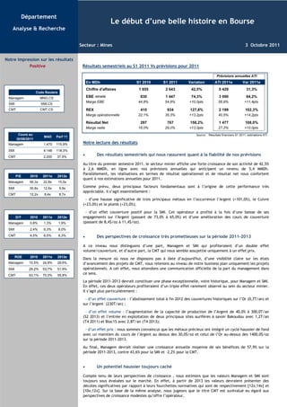 Département
                                                               Le début d’une belle histoire en Bourse
   Analyse & Recherche


                                           Secteur : Mines                                                                                        3 Octobre 2011


Notre impression sur les résultats
           Positive                         Résultats semestriels au S1 2011 Vs prévisions pour 2011

                                                                                                                            Prévisions annuelles ATI
                                                En MDh                     S1 2010        S1 2011        Variation         ATI 2011e            Var 2011e
                                                Chiffre d'affaires          1 855          2 643          42,5%               5 429                31,3%
                    Code Reuters
 Managem               MNG.CS                   EBE retraité                 830           1 447          74,3%               3 090                64,2%
                                                Marge EBE                   44,8%          54,8%         +10,0pts            56,9%                +11,4pts
 SMI                   SMI.CS
 CMT                   CMT.CS                   REX                          410            934           127,8%              2 199               102,3%
                                                Marge opérationnelle        22,1%          35,3%         +13,2pts            40,5%                +14,2pts

                                                Résultat Net                 297            767           158,2%              1 477               108,0%
                                                Marge nette                 16,0%          29,0%         +13,0pts            27,2%                +10,0pts
        Cours au                                                                                             Source: : Résultats financiers S1 2011, estimations ATI
                        MAD     Perf 11
       30/09/2011
 Managem                1.470   115,9%      Notre lecture des résultats
 SMI                    4.148   118,3%
 CMT                    2.200   37,5%
                                            •         Des résultats semestriels qui nous rassurent quant à la fiabilité de nos prévisions

                                            Au titre du premier semestre 2011, le secteur minier affiche une forte croissance de son activité de 42,5%
                                            à 2,6 MMDh, en ligne avec nos prévisions annuelles qui anticipent un revenu de 5,4 MMDh.
                                            Parallèlement, les réalisations en termes de résultat opérationnel et de résultat net nous confortent
       P/E     2010     2011e   2012e
                                            quant à nos estimations annuelles pour 2011.
 Managem       56,3x    22,8x      15,5x
 SMI           30,8x    12,6x      9,9x     Comme prévu, deux principaux facteurs fondamentaux sont à l’origine de cette performance très
                                            appréciable, il s’agit essentiellement :
 CMT           12,2x    8,4x       8,7x
                                             - d’une hausse significative de trois principaux métaux en l’occurrence l’Argent (+101,0%), le Cuivre
                                            (+23,0%) et le plomb (+23,0%);

                                             - d’un effet couverture positif pour la SMI. Cet opérateur a profité à la fois d’une baisse de ses
       D/Y     2010     2011e   2012e       engagements sur l’Argent (passant de 73,0% à 65,0%) et d’une amélioration des cours de couverture
 Managem       0,8%     1,3%       1,9%     (passant de 8,4$/oz à 11,4$/oz).
 SMI           2,4%     6,3%       8,0%
 CMT           4,5%     6,5%       6,3%     •         Des perspectives de croissance très prometteuses sur la période 2011-2013

                                            A ce niveau nous distinguons d’une part, Managem et SMI qui profiteraient d’un double effet
                                            volume/couverture, et d’autre part, la CMT qui nous semble assujettie uniquement à un effet prix.
       ROE     2010     2011e   2012e
                                            Dans la mesure où nous ne disposons pas à date d’aujourd'hui, d’une visibilité claire sur les états
 Managem       15,5%    24,8%   29,6%       d’avancement des projets de CMT, nous retenons au niveau de notre business plan uniquement les projets
 SMI           29,2%    53,7%   51,9%       opérationnels. A cet effet, nous attendons une communication officielle de la part du management dans
 CMT           63,1%    70,0%   55,8%       ce sens.

                                            La période 2011-2013 devrait constituer une phase exceptionnelle, voire historique, pour Managem et SMI.
                                            En effet, ces deux opérateurs profiteraient d’un triple effet rarement observé au sein du secteur minier.
                                            Il s’agit plus particulièrement :

                                             - d’un effet couverture : l’abolissement total à fin 2012 des couvertures historiques sur l’Or (0,7T/an) et
                                            sur l’Argent (230T/an) ;

                                             - d’un effet volume : l’augmentation de la capacité de production de l’Argent de 40,0% à 300,0T/an
                                            (S2 2013) et l’entrée en exploitation de deux principaux sites aurifères à savoir Bakoudou avec 1,2T/an
                                            (T4 2011) et Bloc15 avec 2,8T/an (T4 2013);

                                             - d’un effet prix : nous sommes convaincus que les métaux précieux ont intégré un cycle haussier de fond
                                            avec un maintien du cours de l’Argent au dessus des 30,0$/oz et celui de l’Or au-dessus des 1400,0$/oz
                                            sur la période 2011-2013.

                                            Au final, Managem devrait réaliser une croissance annuelle moyenne de ses bénéfices de 57,9% sur la
                                            période 2011-2013, contre 43,6% pour la SMI et –2,2% pour la CMT.


                                            •         Un potentiel haussier toujours caché

                                            Compte tenu de leurs perspectives de croissance , nous estimons que les valeurs Managem et SMI sont
                                            toujours sous évaluées sur le marché. En effet, à partir de 2013 les valeurs devraient présenter des
                                            décotes significatives par rapport à leurs fourchettes normatives qui sont de respectivement [12x;14x] et
                                            [10x;12x]. Sur la base de la même analyse, nous jugeons que le titre CMT est surévalué eu égard aux
                                            perspectives de croissance modestes qu’offre l’opérateur.
 