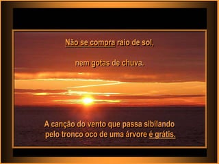 Não se compra raio de sol,

         nem gotas de chuva.




A canção do vento que passa sibilando
pelo tronco oco de uma árvore é grátis.
 