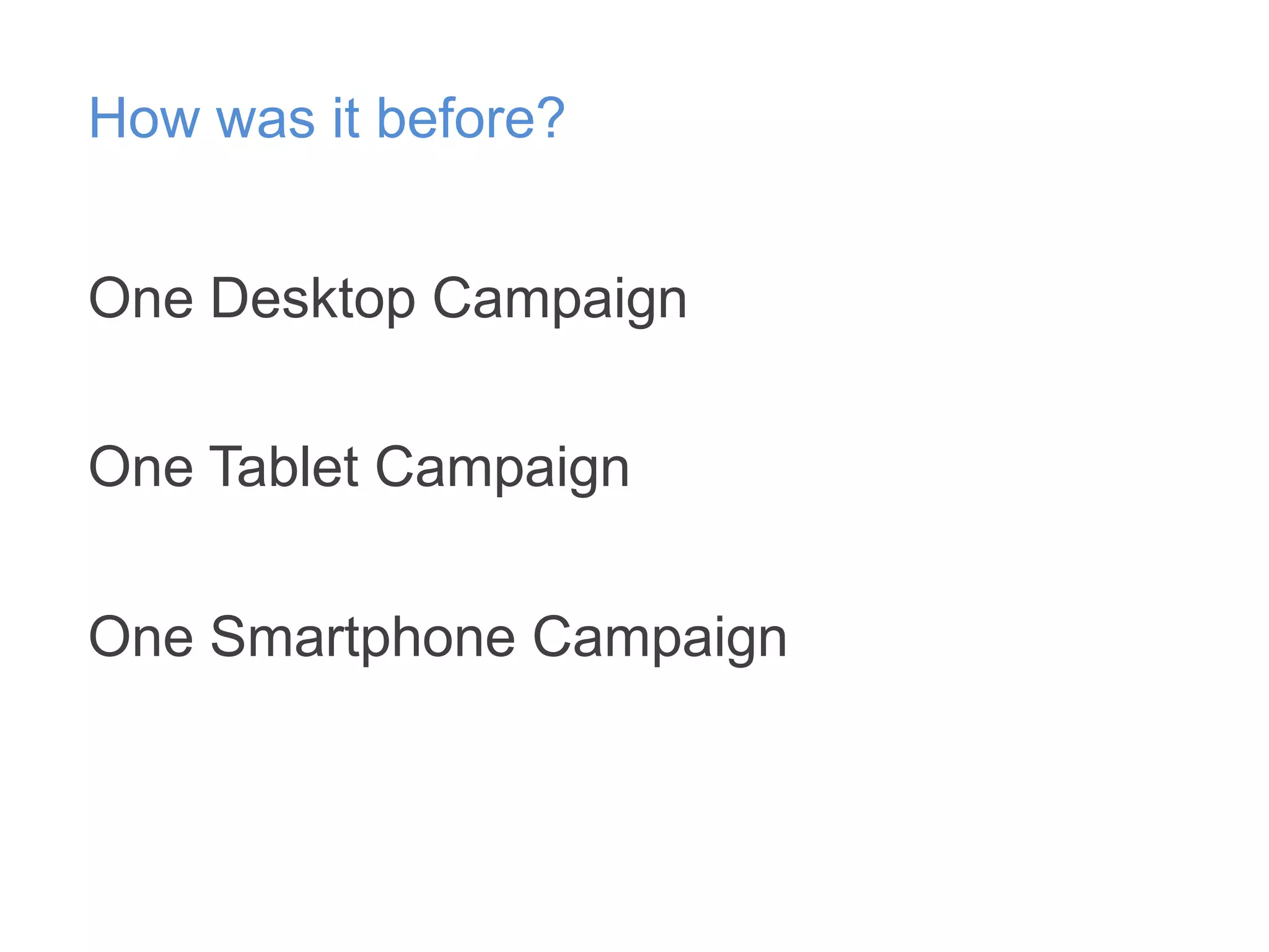 How was it before?
One Desktop Campaign
One Tablet Campaign
One Smartphone Campaign

 