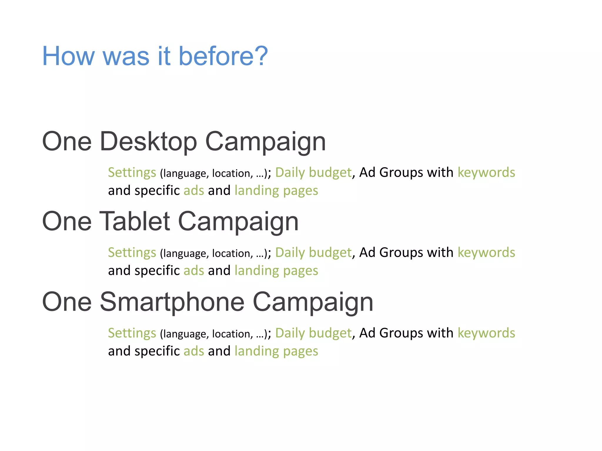 How was it before?
One Desktop Campaign
Settings (language, location, …); Daily budget, Ad Groups with keywords
and specific ads and landing pages

One Tablet Campaign
Settings (language, location, …); Daily budget, Ad Groups with keywords
and specific ads and landing pages

One Smartphone Campaign
Settings (language, location, …); Daily budget, Ad Groups with keywords
and specific ads and landing pages

 