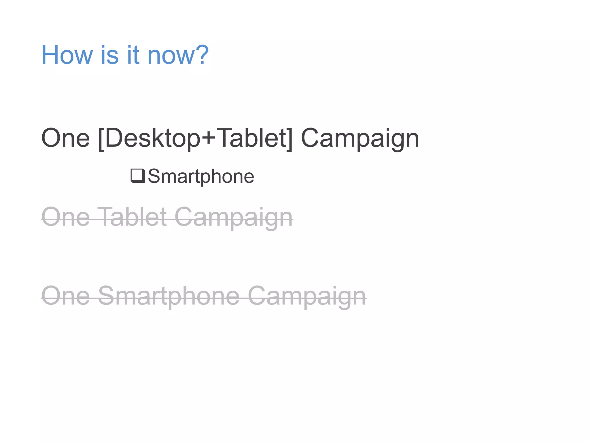 How is it now?
One [Desktop+Tablet] Campaign
Smartphone

One Tablet Campaign
One Smartphone Campaign

 