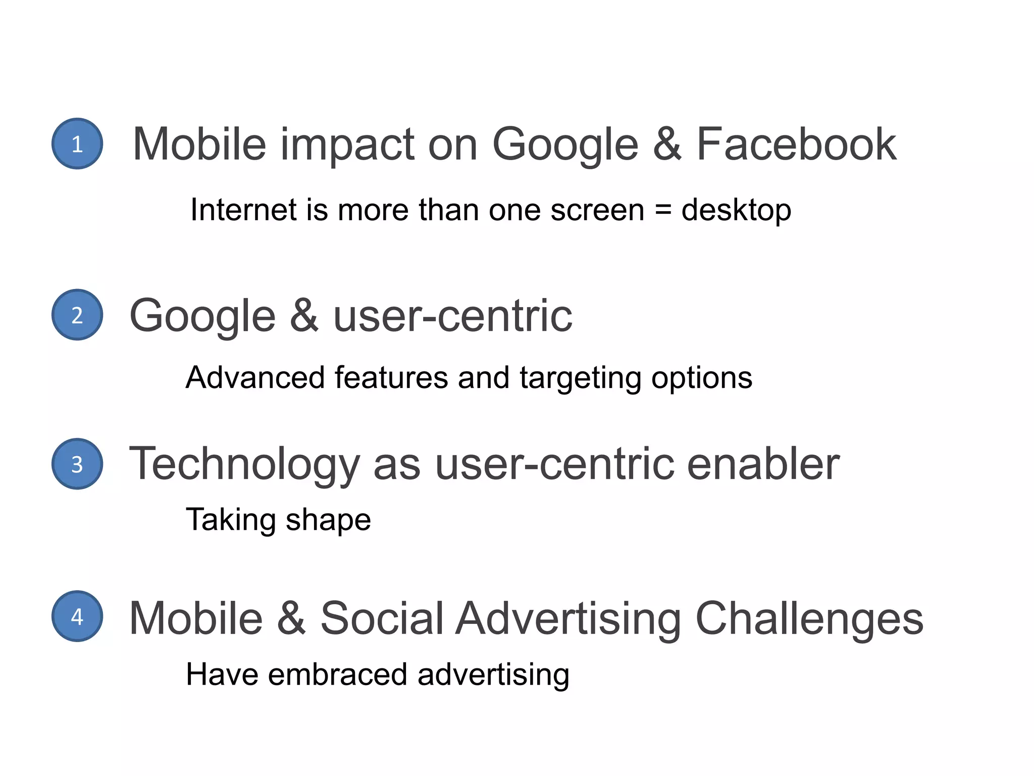 1

Mobile impact on Google & Facebook
Internet is more than one screen = desktop

2

Google & user-centric
Advanced features and targeting options

3

Technology as user-centric enabler
Taking shape

4

Mobile & Social Advertising Challenges
Have embraced advertising

 