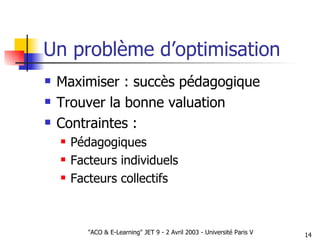 Un problème d’optimisation Maximiser : succès pédagogique Trouver la bonne valuation Contraintes : Pédagogiques Facteurs individuels Facteurs collectifs 