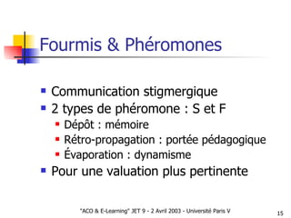Fourmis & Phéromones Communication stigmergique 2 types de phéromone : S et F Dépôt : mémoire Rétro-propagation : portée pédagogique Évaporation : dynamisme Pour une valuation plus pertinente 