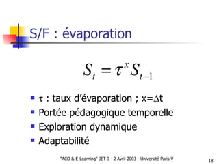 S/F : évaporation   : taux d’évaporation ; x=  t Portée pédagogique temporelle Exploration dynamique Adaptabilité 