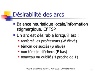 Désirabilité des arcs Balance heuristique locale/information stigmergique. Cf TSP Un arc est désirable lorsqu’il est : renforcé les professeurs (W élevé) témoin de succès (S élevé) non témoin d’échecs (F bas) nouveau ou oublié (H proche de 1) 