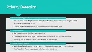 Polarity Detection
• DCU (Dublin) used MPQA (Wilson 2005), SentiWordNet, General Inquirer, Bing Liu
(2004). Normalized the lexicon scores.
• Trained SVM Based on individual lexicon scores as well as POS Tags
Classification Approach
• iTac (Breman) used Stanford Sentiment Tree.
• Traverse parse tree from aspect towards root and take the first non-neutral label.
• Accuracy of 62% on Restaurant dataset and 52% on Laptops.
Sentiment Tree
• A window of words around aspect term (or dependent tokens) are looked up in the
SentiWordNet. Teams expanded the lexicon using Wordnet.
Simple Lexicon Lookup
 
