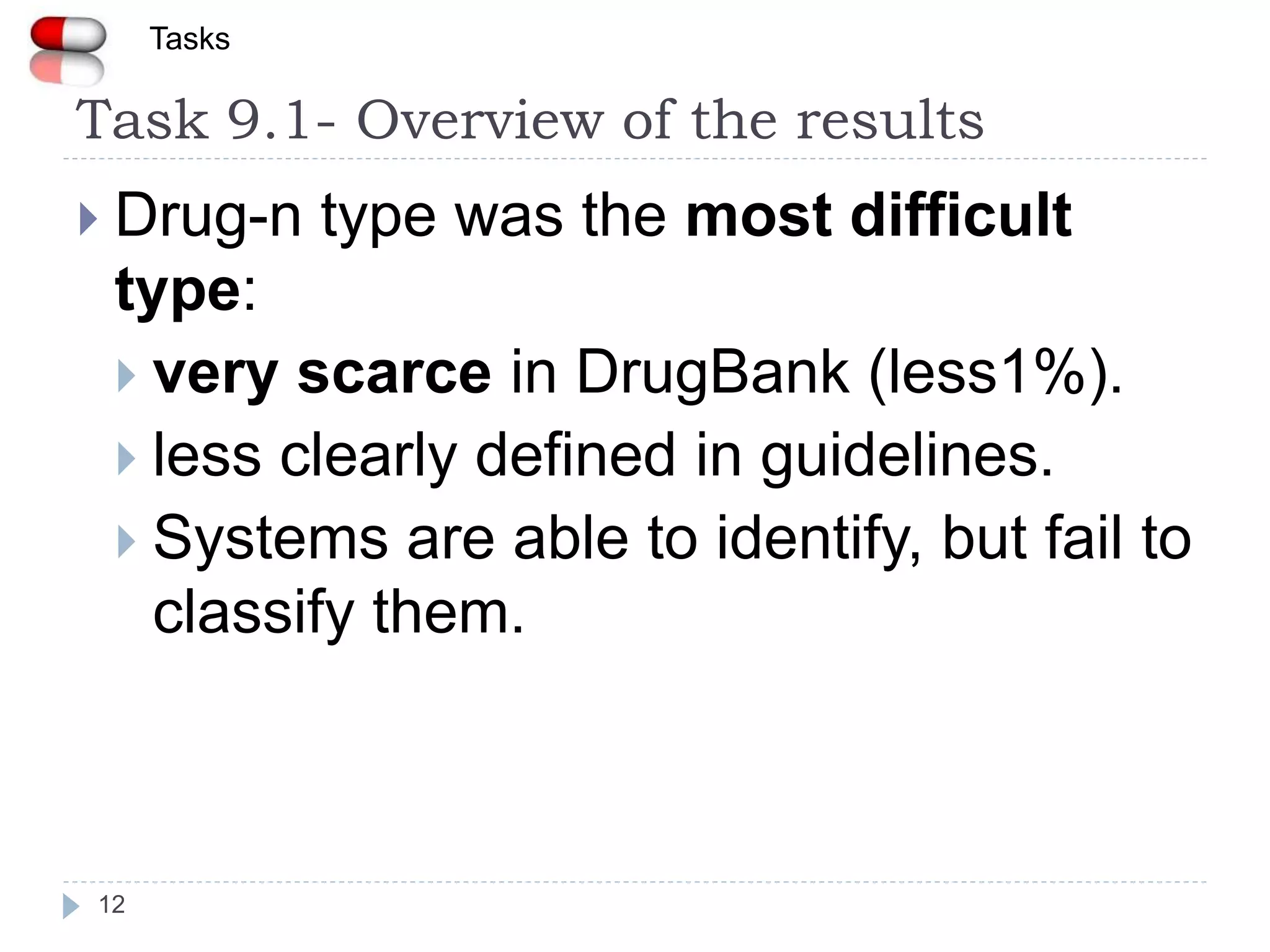 Task 9.1- Overview of the results
12
 Drug-n type was the most difficult
type:
 very scarce in DrugBank (less1%).
 less clearly defined in guidelines.
 Systems are able to identify, but fail to
classify them.
Tasks
 