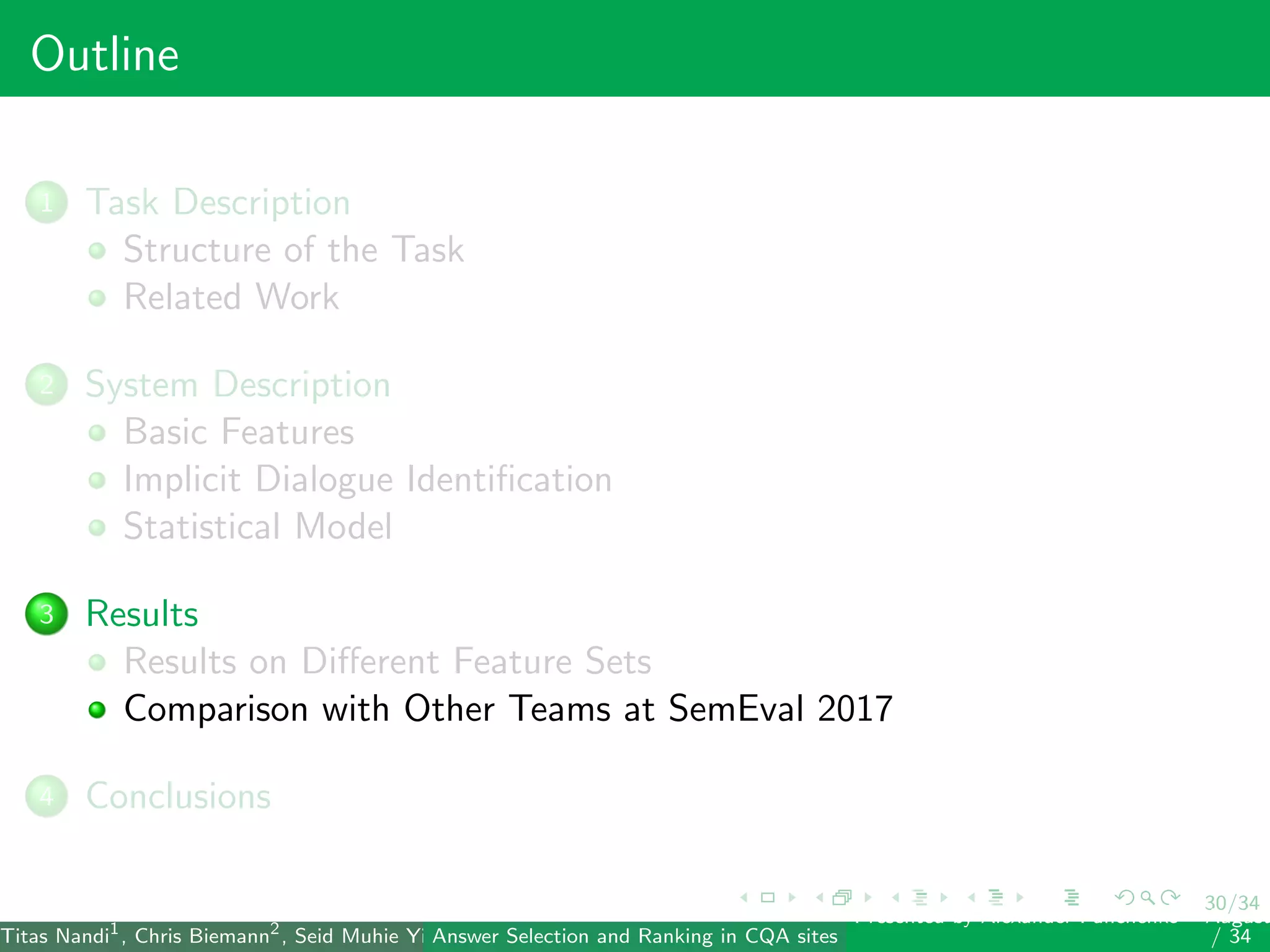 30/34
Outline
1 Task Description
Structure of the Task
Related Work
2 System Description
Basic Features
Implicit Dialogue Identiﬁcation
Statistical Model
3 Results
Results on Diﬀerent Feature Sets
Comparison with Other Teams at SemEval 2017
4 Conclusions
Titas Nandi1
, Chris Biemann2
, Seid Muhie Yimam2
, Deepak Gupta1
, Sarah Kohail2
, Asif Ekbal1
and Pushpak Bhattacharyya1
(IIT PatAnswer Selection and Ranking in CQA sites
Presented by Alexander Panchenko2
August
/ 34
 