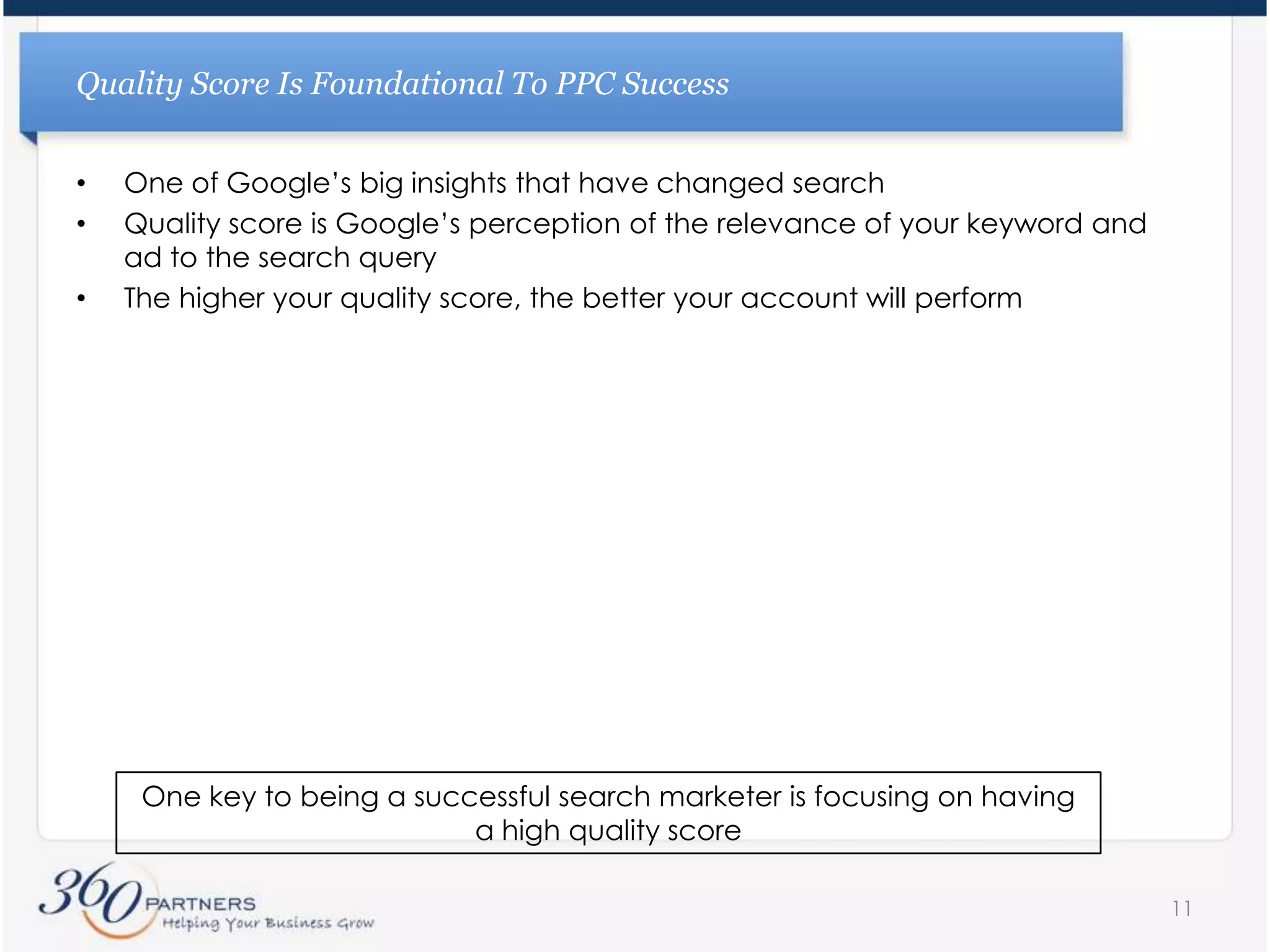 AgendaIntroduction to 360PartnersUnderstanding Quality ScoreFactors that improve Quality ScoreAd copyCreating ad groupsMatch typesNegative and positive keywordsLanding pagesConclusions8