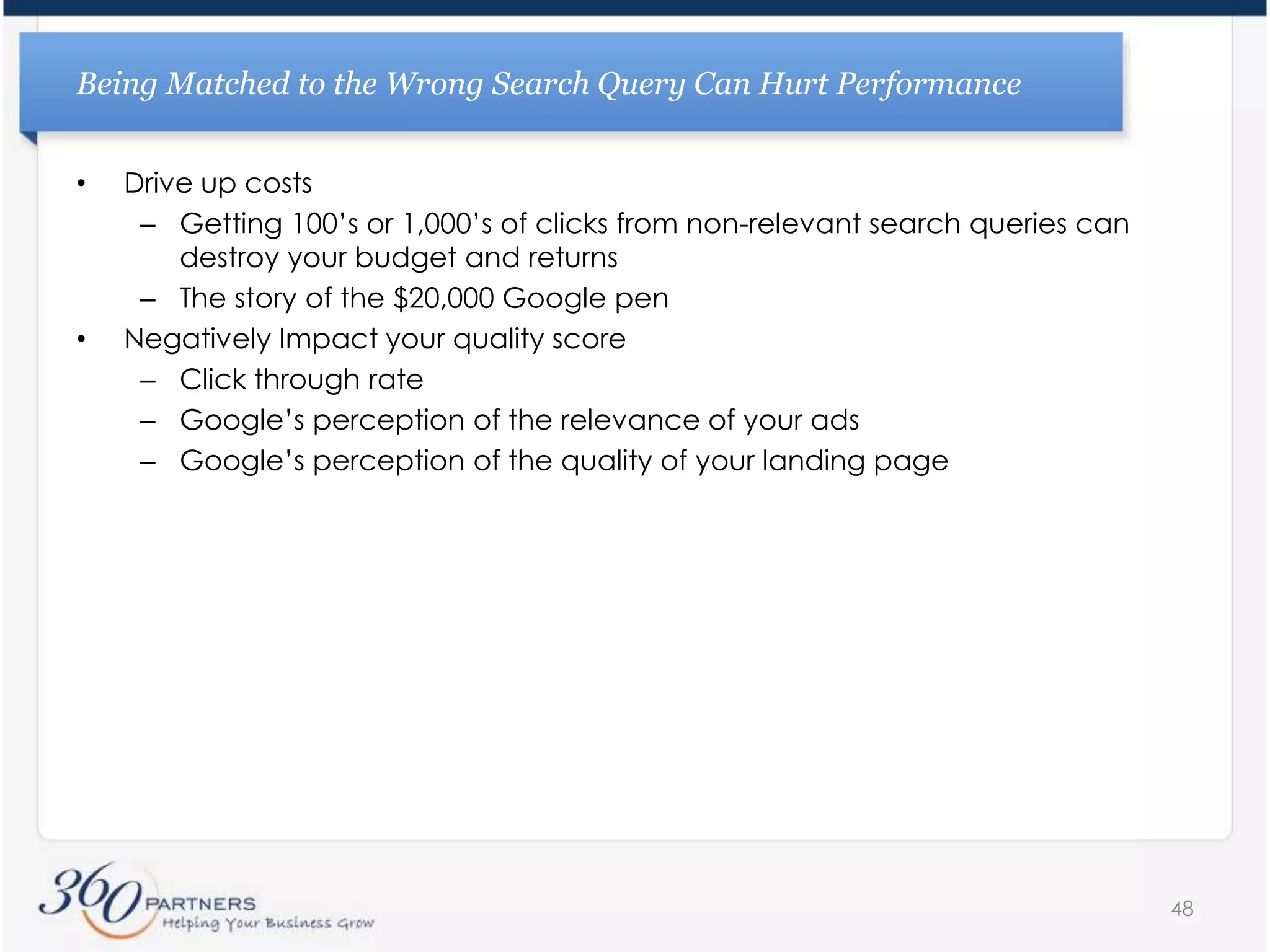 Tightly Themed Ad Groups Allow For Customized Ad Copy & Higher Click-Through Rates (CTR)360Partners Observations:Ad groups that are small and well structured perform bestTightly themed ad groups allow for customized ad copyExample Ad Group That is too broad37
