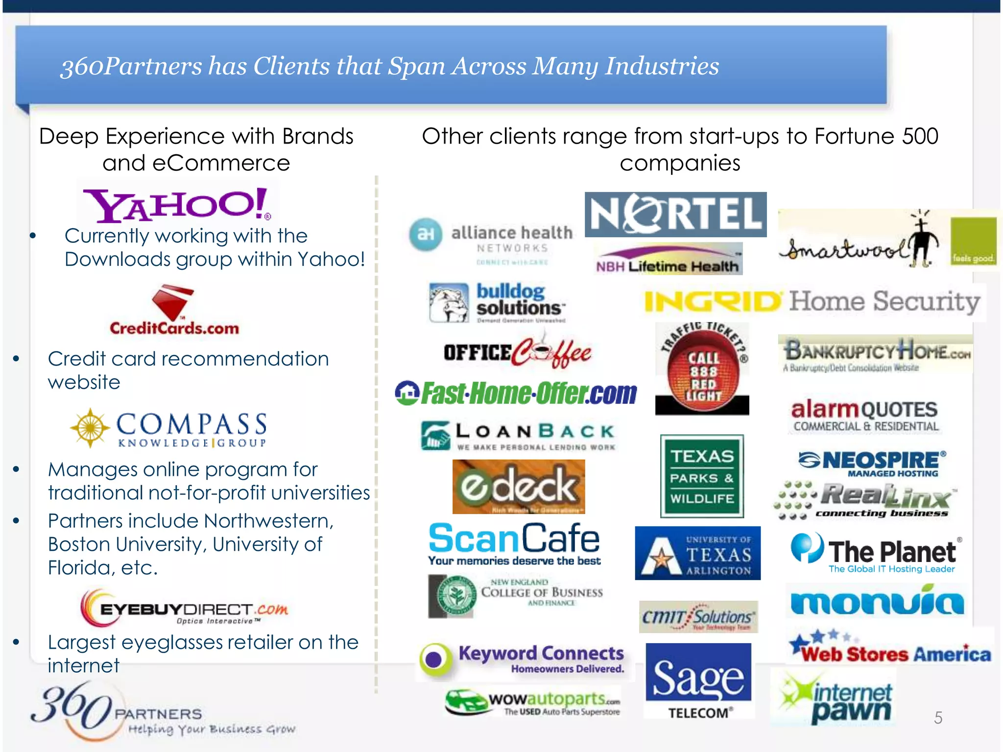 5360Partners has Clients that Span Across Many IndustriesOther clients range from start-ups to Fortune 500 companiesDeep Experience with Brands and eCommerceCurrently working with the Downloads group within Yahoo!