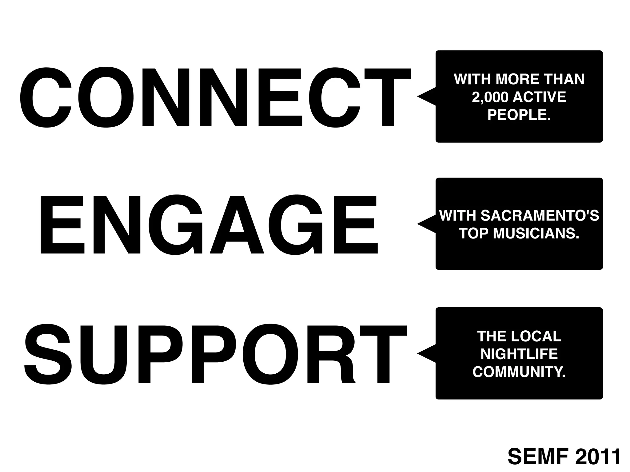 CONNECT
           WITH MORE THAN
             2,000 ACTIVE
               PEOPLE.




ENGAGE    WITH SACRAMENTO'S
            TOP MUSICIANS.




SUPPORT
             THE LOCAL
              NIGHTLIFE
             COMMUNITY.




                 SEMF 2011
 