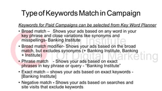 TypeofKeywordsMatchinCampaign
Keywords for Paid Campaigns can be selected from Key Word Planner
• Broad match – Shows your ads based on any word in your
key phrase and close variations like synonyms and
misspellings- Banking Institute
• Broad match modifier- Shows your ads based on the broad
match, but excludes synonyms (+ Banking Institute, Banking
+ Institute)
• Phrase match - Shows your ads based on exact
phrases in key phrase or query - “Banking Institute”
• Exact match – shows your ads based on exact keywords -
[Banking Institute]
• Negative match - Shows your ads based on searches and
site visits that exclude keywords
 