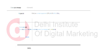 Create your campaign
Ad grasp bid
ñOnfirndtlO0
Ertet your cost per engagement (CPE) dld tOf tbIS 6J §f0bg
Create your ads
Create an ad now, or skip this step and crate or›eIae. Your campaign won’t w uittodan ed.
NEXAD
CANCEL
 