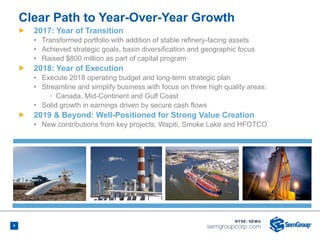 4
Ñ 2017: Year of Transition
• Transformed portfolio with addition of stable refinery-facing assets
• Achieved strategic goals, basin diversification and geographic focus
• Raised $800 million as part of capital program
Ñ 2018: Year of Execution
• Execute 2018 operating budget and long-term strategic plan
• Streamline and simplify business with focus on three high quality areas:
◦ Canada, Mid-Continent and Gulf Coast
• Solid growth in earnings driven by secure cash flows
Ñ 2019 & Beyond: Well-Positioned for Strong Value Creation
• New contributions from key projects: Wapiti, Smoke Lake and HFOTCO
Clear Path to Year-Over-Year Growth
 