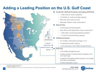 Adding a Leading Position on the U.S. Gulf Coast
1) Expected completion late 2Q 2017
2) Expected completion mid-2019
3) Via Bayou Bridge and Ho-Ho, HFOTCO will be connected to St. James and ultimately will be connected to Maurepas
14
 Crude Oil / Refined Products (excluding HFOTCO)
– ~1,800 miles of crude oil pipelines
– 10 mmbbls of crude oil storage capacity
– More than 225 crude oil trucks
– Maurepas Pipeline under construction(1)
 Natural Gas
– 8 natural gas processing plants
– New 200 mmcf/d Wapiti Plant under construction(2)
– ~1,600 miles of natural gas gathering pipeline
– ~1.3 bcf/d of total processing capacity
 Additional Assets
– 8.7 mmbbls, multi-product storage in U.K.
– 15 asphalt terminals in Mexico
– ~12% ownership in GP of NGL Energy Partners
 HFOTCO
– 16.8 mmbbls storage terminal
– Largest provider of residual fuel oil storage on the
U.S. Gulf Coast
– Located in the leading refined products / oil storage
and export marketplace
– Premier deepwater access
(3)
 