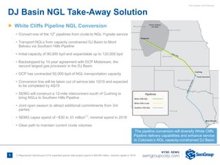 First Quarter 2018 Results
5
Ñ White Cliffs Pipeline NGL Conversion
• Convert one of the 12" pipelines from crude to NGL Y-grade service
• Transport NGLs from capacity constrained DJ Basin to Mont
Belvieu via Southern Hills Pipeline
• Initial capacity of 90,000 bpd and expandable up to 120,000 bpd
• Backstopped by 10-year agreement with DCP Midstream, the
second largest gas processor in the DJ Basin
• DCP has contracted 50,000 bpd of NGL transportation capacity
• Conversion line will be taken out of service late 1Q19 and expected
to be completed by 4Q19
• SEMG will construct a 12-mile interconnect south of Cushing to
bring NGLs to Southern Hills Pipeline
• Joint open season to attract additional commitments from 3rd
parties
• SEMG capex spend of ~$30 to 33 million(1)
, minimal spend in 2018
• Clear path to maintain current crude volumes
DJ Basin NGL Take-Away Solution
The pipeline conversion will diversify White Cliffs
Pipeline delivery capabilities and enhance service
to Colorado’s NGL capacity-constrained DJ Basin
1) Represents SemGroup's 51% expected spend; total project spend of $60-66 million, minimal capital in 2018
 