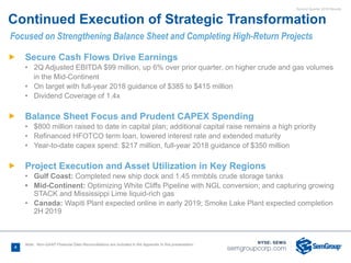 Second Quarter 2018 Results
4
Ñ Secure Cash Flows Drive Earnings
• 2Q Adjusted EBITDA $99 million, up 6% over prior quarter, on higher crude and gas volumes
in the Mid-Continent
• On target with full-year 2018 guidance of $385 to $415 million
• Dividend Coverage of 1.4x
Ñ Balance Sheet Focus and Prudent CAPEX Spending
• $800 million raised to date in capital plan; additional capital raise remains a high priority
• Refinanced HFOTCO term loan, lowered interest rate and extended maturity
• Year-to-date capex spend: $217 million, full-year 2018 guidance of $350 million
Ñ Project Execution and Asset Utilization in Key Regions
• Gulf Coast: Completed new ship dock and 1.45 mmbbls crude storage tanks
• Mid-Continent: Optimizing White Cliffs Pipeline with NGL conversion; and capturing growing
STACK and Mississippi Lime liquid-rich gas
• Canada: Wapiti Plant expected online in early 2019; Smoke Lake Plant expected completion
2H 2019
Continued Execution of Strategic Transformation
Note: Non-GAAP Financial Data Reconciliations are included in the Appendix to this presentation
Focused on Strengthening Balance Sheet and Completing High-Return Projects
 