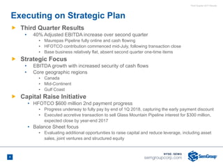Third Quarter 2017 Results
Ñ Third Quarter Results
• 40% Adjusted EBITDA increase over second quarter
▪ Maurepas Pipeline fully online and cash flowing
▪ HFOTCO contribution commenced mid-July, following transaction close
▪ Base business relatively flat, absent second quarter one-time items
Ñ Strategic Focus
• EBITDA growth with increased security of cash flows
• Core geographic regions
▪ Canada
▪ Mid-Continent
▪ Gulf Coast
Ñ Capital Raise Initiative
• HFOTCO $600 million 2nd payment progress
▪ Progress underway to fully pay by end of 1Q 2018, capturing the early payment discount
▪ Executed accretive transaction to sell Glass Mountain Pipeline interest for $300 million,
expected close by year-end 2017
• Balance Sheet focus
▪ Evaluating additional opportunities to raise capital and reduce leverage, including asset
sales, joint ventures and structured equity
Executing on Strategic Plan
4
 