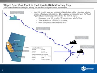 6
Wapiti Sour Gas Plant in the Liquids-Rich Montney Play
SemCAMS uniquely advantaged, leading the way with sour gas solution in the Wapiti
• New 200 mmcf/d sour gas processing Wapiti plant will be integrated with our
existing infrastructure to optimize & leverage current operations on the Wapiti
Pipeline System and K3 plant located in the Kaybob region
◦ Supported by a 120 mmcf/d, 15 year contract with NuVista
◦ Total project cost ~ $225 - $250 million
◦ Plant completion estimated mid-2019
Active Wapiti Producers
Birchcliff Orlens
Blackbird Paramount
Encana RMP-Chinook
Grafton/Riverstone Seven Generations
Inception Shell
NuVista Sinopec Daylight
 