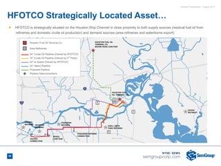 Investor Presentation - August 2017
HFOTCO Strategically Located Asset…
29
Ñ HFOTCO is strategically situated on the Houston Ship Channel in close proximity to both supply sources (residual fuel oil from
refineries and domestic crude oil production) and demand sources (area refineries and waterborne export)
Houston Fuel Oil Terminal Co.
Area Refineries
24” Crude Oil Pipeline (Owned by HFOTCO)
16” Crude Oil Pipeline (Owned by 3rd
Party)
24” to Speed (Owned by HFOTCO)
24” Valero Pipeline
Proposed Pipeline
Pipeline Interconnections
 