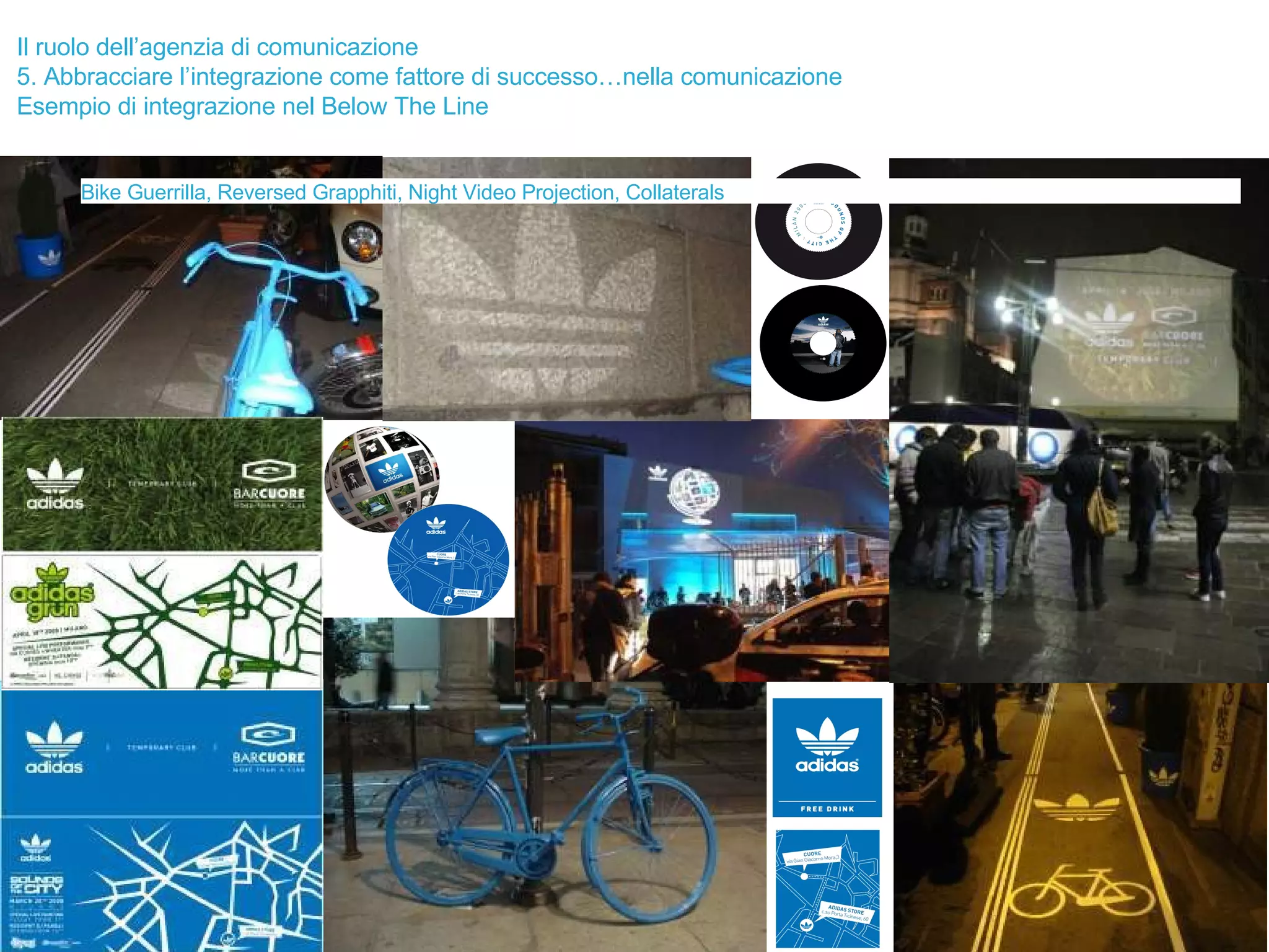 Il ruolo dell’agenzia di comunicazione 5. Abbracciare l’integrazione come fattore di successo…nella comunicazione Esempio di integrazione nel Below The Line Bike Guerrilla, Reversed Grapphiti, Night Video Projection, Collaterals SOLUTIO 