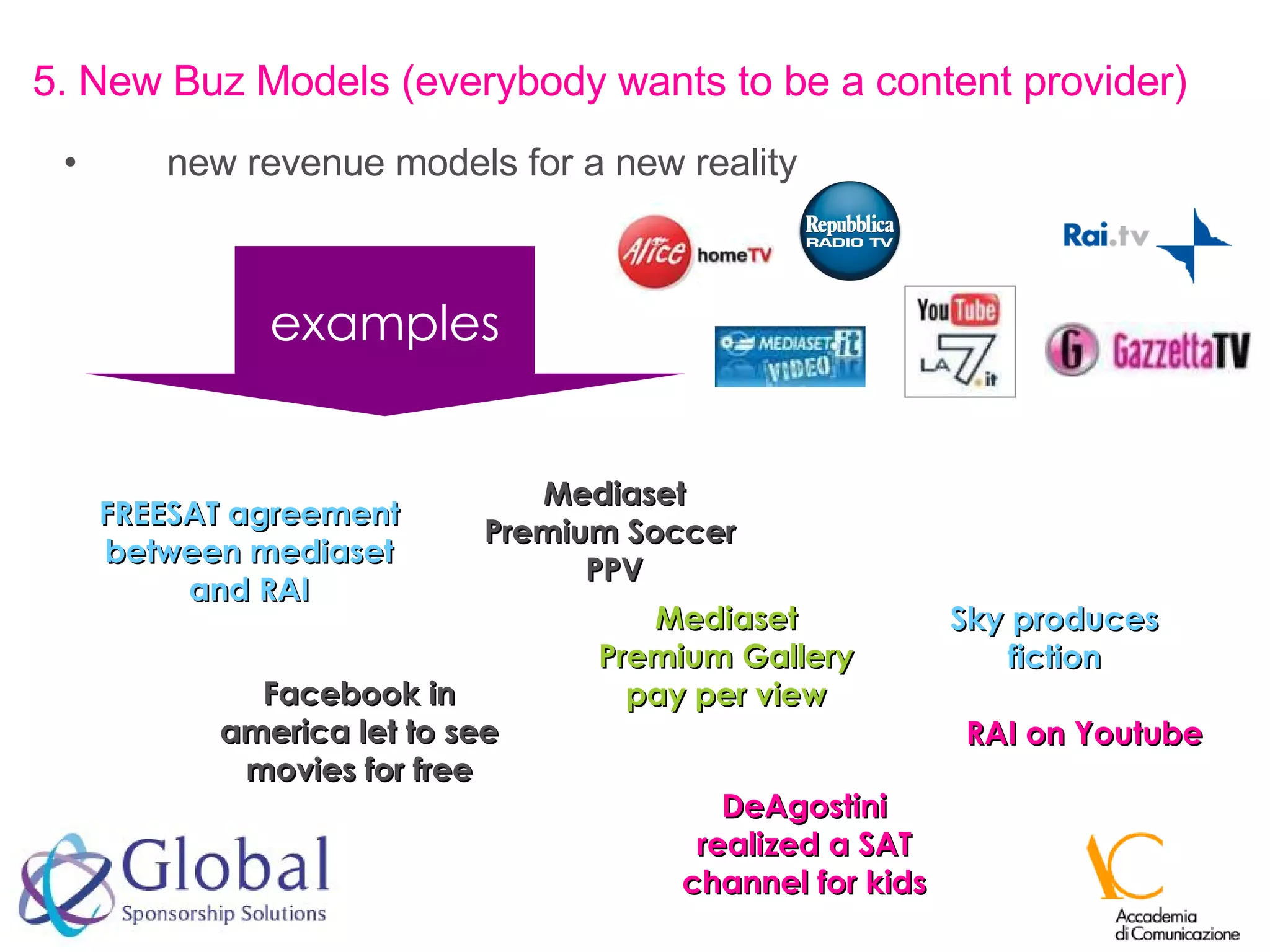 new revenue models for a new reality 5. New Buz Models (everybody wants to be a content provider) Mediaset Premium Gallery pay per view Facebook in america let to see movies for free examples DeAgostini realized a SAT channel for kids Sky produces fiction FREESAT agreement between mediaset and RAI Mediaset Premium Soccer  PPV RAI on Youtube 