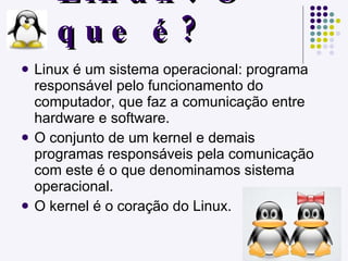 Linux:  O que é? Linux é um sistema operacional: programa responsável pelo funcionamento do computador, que faz a comunicação entre hardware e software.  O conjunto de um kernel e demais programas responsáveis pela comunicação com este é o que denominamos sistema operacional.  O kernel é o coração do Linux. 