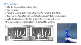 Air Flow Pattern
1. Take the titanium tetra chloride stick.
2. Burn the stick.
3. Place the burning stick in front of running Air Handling Unit (AHU).
4. Observed the flow of air with the help of smock distribution in the room.
5. Make chart diagram of the flow of air in the room for each room.
6.The distribution of smoke is observed. It should be uniform.
17
 