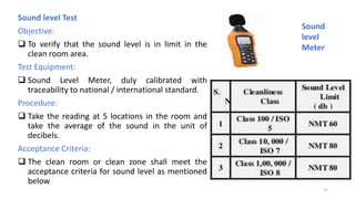 Sound level Test
Objective:
 To verify that the sound level is in limit in the
clean room area.
Test Equipment:
 Sound Level Meter, duly calibrated with
traceability to national / international standard.
Procedure:
 Take the reading at 5 locations in the room and
take the average of the sound in the unit of
decibels.
Acceptance Criteria:
 The clean room or clean zone shall meet the
acceptance criteria for sound level as mentioned
below
Sound
level
Meter
27
 