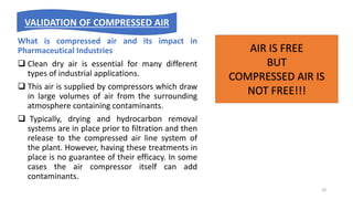 What is compressed air and its impact in
Pharmaceutical Industries
 Clean dry air is essential for many different
types of industrial applications.
 This air is supplied by compressors which draw
in large volumes of air from the surrounding
atmosphere containing contaminants.
 Typically, drying and hydrocarbon removal
systems are in place prior to filtration and then
release to the compressed air line system of
the plant. However, having these treatments in
place is no guarantee of their efficacy. In some
cases the air compressor itself can add
contaminants.
VALIDATION OF COMPRESSED AIR
AIR IS FREE
BUT
COMPRESSED AIR IS
NOT FREE!!!
29
 