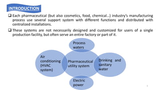  Each pharmaceutical (but also cosmetics, food, chemical…) industry’s manufacturing
process use several support system with different functions and distributed with
centralized installations.
 These systems are not necessarily designed and customized for users of a single
production facility, but often serve an entire factory or part of it.
INTRODUCTION
Pharmaceutical
utility system
Process
waters
Drinking and
sanitary
water
Electric
power
Air
conditioning
(HVAC
system)
3
 