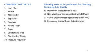COMPONENTS OF THE CAS
1. Inlet filter
2. Motor
3. Aftercooler
4. Separator
5. Receiver
6. Airline Filter
7. Dryer
8. Condensate Trap
9. Distribution Piping
10. Pressure regulator
Following tests to be performed for Checking
Compressed Air Quality
a) Dew Point Measurements Test
b) Non-viable particle count test with Diffuser
c) Viable organism testing (Will Delete or Not)
d) Remaining test with gas detector tube
32
 