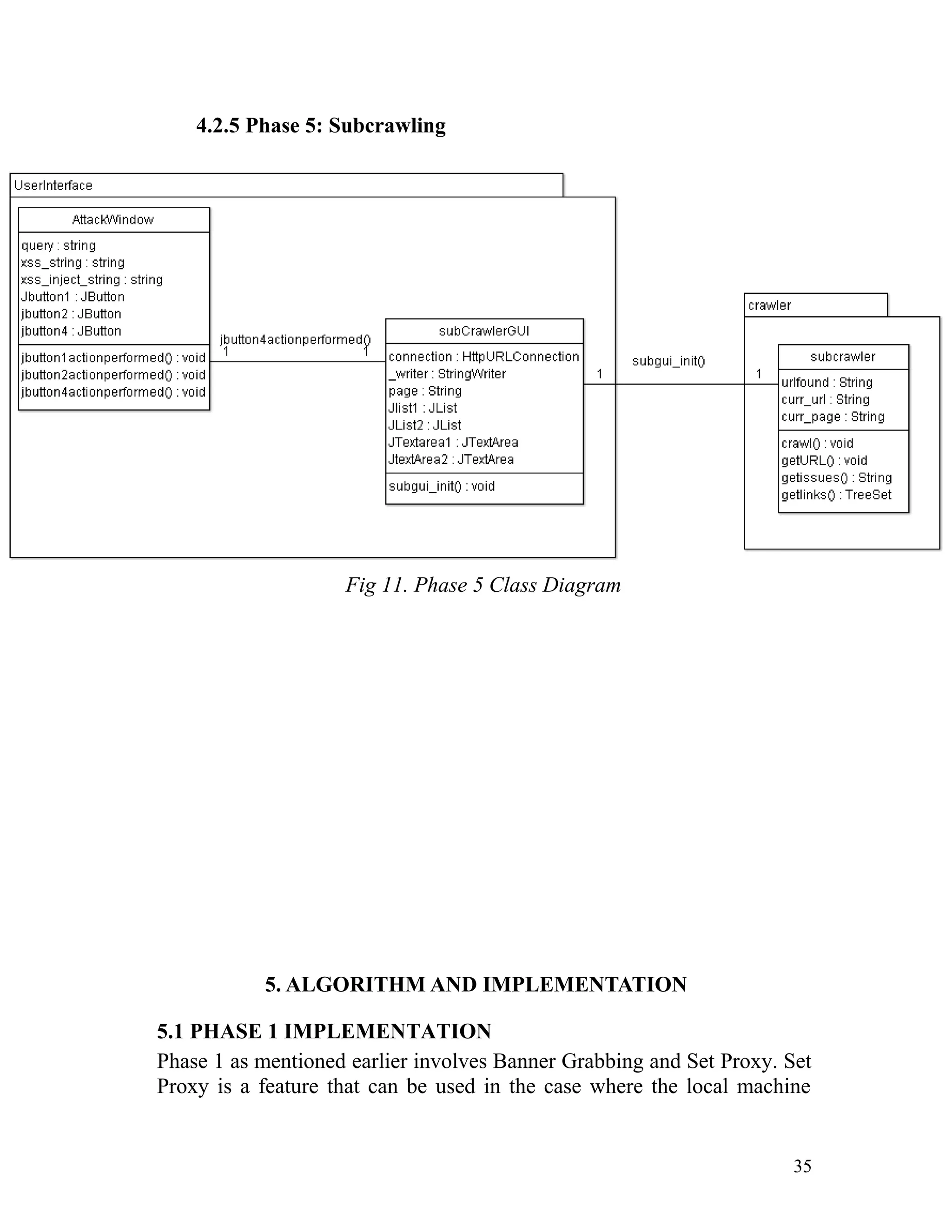 4.2.5 Phase 5: Subcrawling
Fig 11. Phase 5 Class Diagram
5. ALGORITHM AND IMPLEMENTATION
5.1 PHASE 1 IMPLEMENTATION
Phase 1 as mentioned earlier involves Banner Grabbing and Set Proxy. Set
Proxy is a feature that can be used in the case where the local machine
35
 