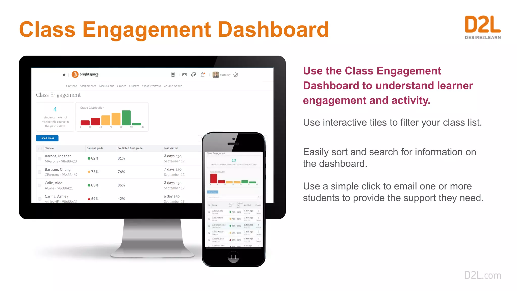 Class Engagement Dashboard
Use the Class Engagement
Dashboard to understand learner
engagement and activity.
Use interactive tiles to filter your class list.
Easily sort and search for information on
the dashboard.
Use a simple click to email one or more
students to provide the support they need.
 